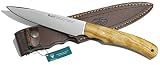 Muela Cuchillo CRIOLLO-17.OL hoja de acero ACX-380 de 17 cm y empuñadura de madera de olivo para Caza, Pesca, Supervivencia y Bushcraft Realizado en Ciudad Real + Portabotellas de regalo