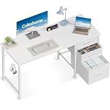 Coleshome Escritorio con 3 Cajones de Tela, 120x48cm, Blanco | Escritorio Espacioso con Soporte para Auriculares, Escritorio de Ordenador Reversible para Oficina en Casa