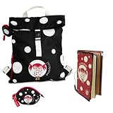 PEPITA VIAJERA Set Viaje Mujer 3 Piezas | Mochila Plegable RPET 13,2L + Monedero + Cuaderno de Viaje, Regalo Original para Viajeras, Mochila Repelente al agua Ligera Diseño Lunares Negro