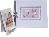 Libro de firmas bautizo bebe niña, libro visitas medidas, 27,5 x 23 x 2, 64 paginas, tapa dura, forrada gua Flex, con lazo plateado, más porta móviles personalizable, para poner la foto del bebe