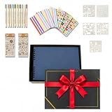 Álbum Fotos para Pegar y Escribir Scrapbook 45 Hojas/90 Caras, Caja Regalo | Cubierta azul, hojas negras, 29 x 21,5 cm, 10 bolígrafos, 5 plantillas y accesorios decorativos