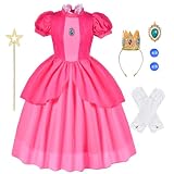 BSBUY Disfraz de Princesa Niña, Disfraz con Varita Corona Accesorios, 5pcs | Incluye Corona, Guantes, una Varita Mágica, un Vestido y Pendientes, Ideal para Navidad, Halloween y Fiestas de Cumpleaños