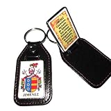 Llavero heráldico con el escudo del apellido en el anverso y un resumen del origen o significado del apellido en el reverso.