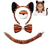 AYZDJ Juego de 4 accesorios para disfraz de animal, diadema con orejas, pajarita, nariz, cola, garra de pelo de felpa con estampado de leopardo y tigre, kit de disfraz de león para juego de rol