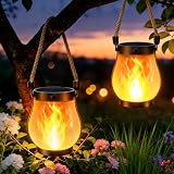 2 Piezas Farolillos Solares llama Exterior,Llama Danzante Faroles Colgantes Impermeables con Cuerda de Cáñamo, IP64 para Campamento, Jardín, Mesa Exterior, Patio, Balcón