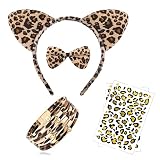 YeahBoom 5PCS Diadema de leopardo,diademas de orejas de gato,Pulsera Leopardo,2 hojas pegatinas temporales,disfraz de leopardos,para Accesorios Decoración de Fiesta Disfraz