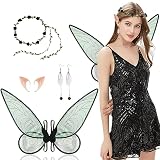 Aomig Alas de Hada, Alas de Mariposa Orejas de Elfo, Alas de Angel con Corona Flores, Alas Disfraz para Adultos, Mujeres para Fiestas Cumpleaños Temáticas de Navidad y Halloween, Cosplay (Negro)