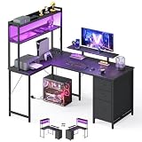 VASAGLE Escritorio en L, Mesa de Ordenador Gaming, con Enchufes y USB | Luces LED, 3 Cajones, Estantes y Soporte para Monitor, 140 x 100 x 150 cm, Colección BARNET LWD162B101