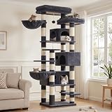 Hey-brother Rascador para Gatos, Multi-Nivel, 2 Cestas, 3 Cuevas, MPJ035-MG | 188cm Árbol para Gatos, 2 Grandes Plataformas, Pelota de peluche, Cepillo para Mascotas, para Gato de Interior, Gris Humeado