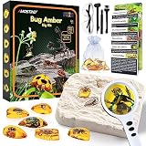 AMOSTING Kit de excavación de Insectos para niños de 6+ años | uegos educativos, fósil de ámbar, gemas de insectos de resina sintética, con herramienta de excavación, de estudio y bolsa